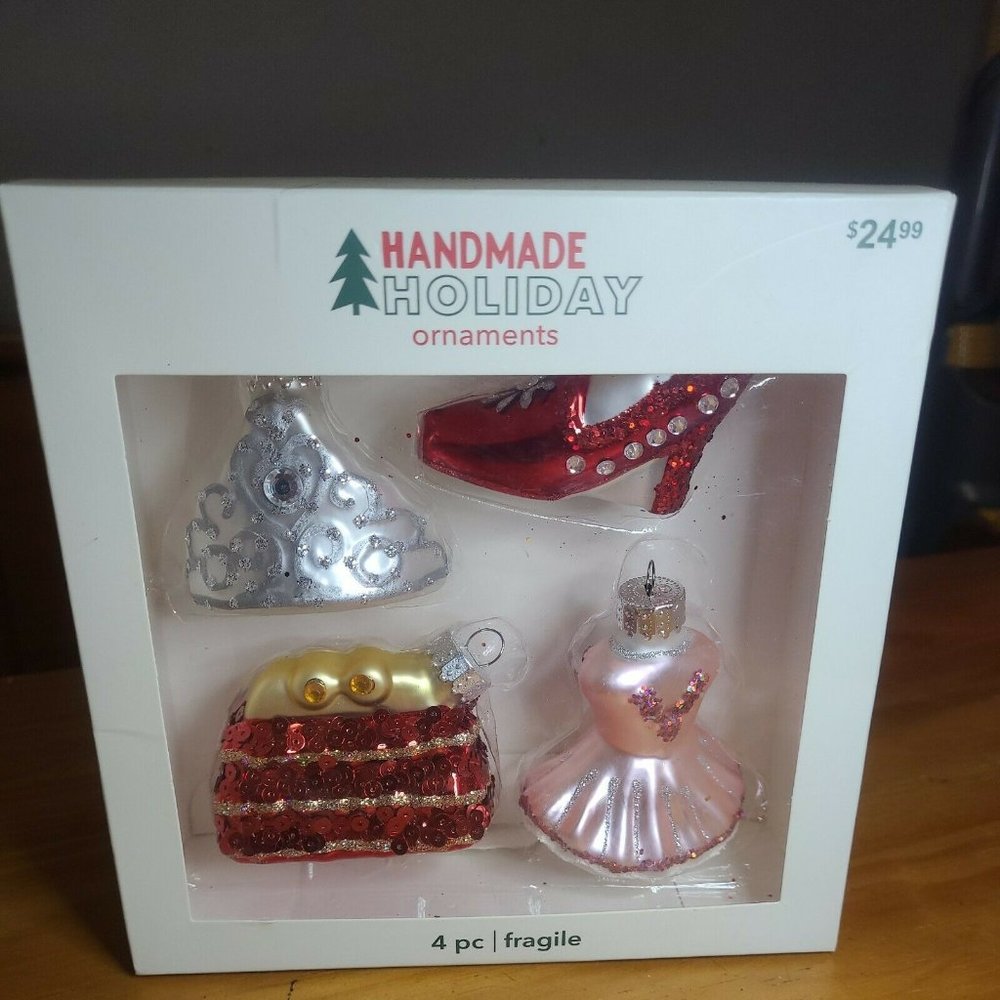 Princess Blown Glass Ornaments, crown, heels, dress, purse Christmas Holiday NIB